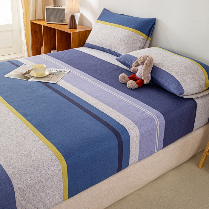 91家纺网 家纺一手货源 找家纺 米柳家纺 2025新款原棉老粗布印花床笠系列 经典条纹床笠款