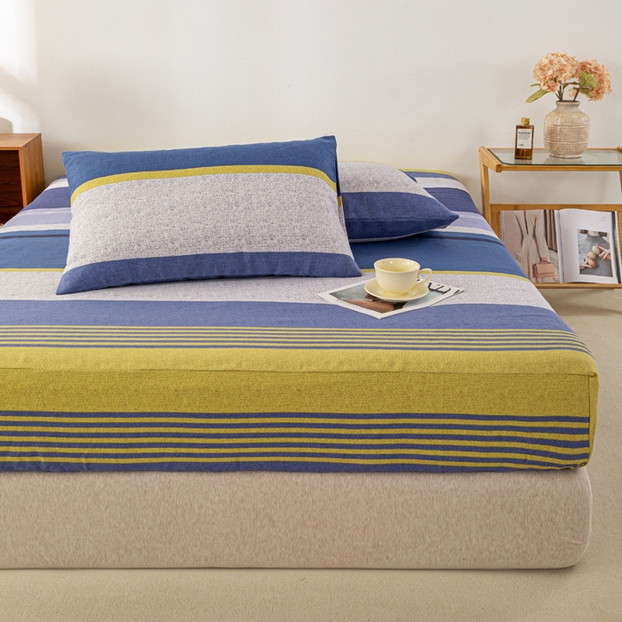 91家纺网 家纺一手货源 找家纺 米柳家纺 2025新款原棉老粗布印花床笠系列 经典条纹床笠款