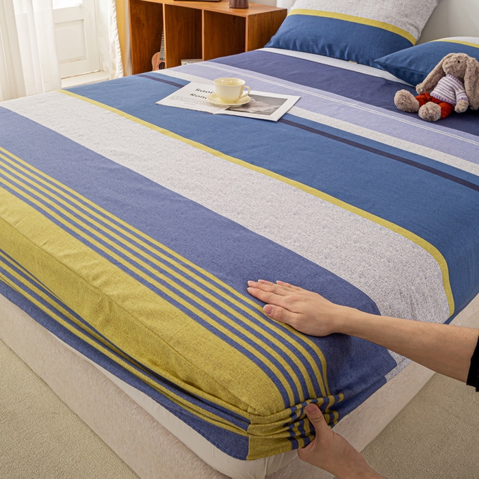 91家纺网 家纺一手货源 找家纺 米柳家纺 2025新款原棉老粗布印花床笠系列 经典条纹床笠款