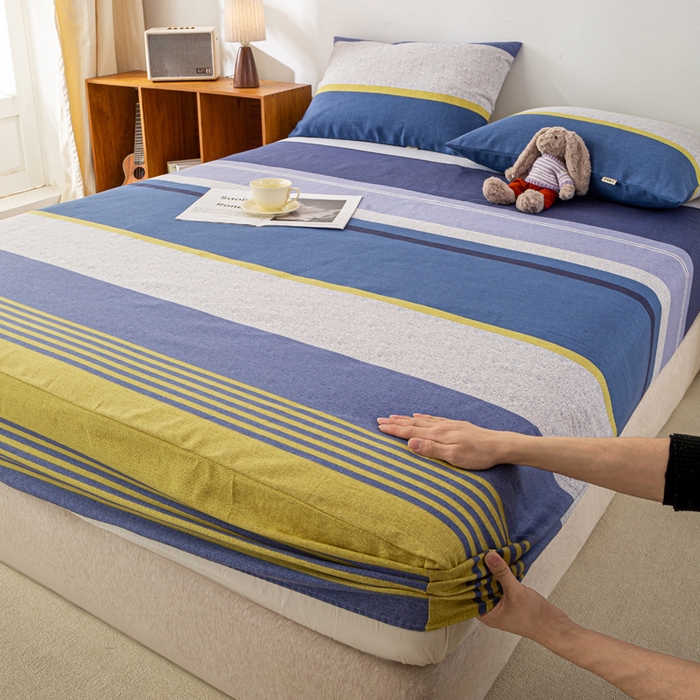 91家纺网 家纺一手货源 找家纺 米柳家纺 2025新款原棉老粗布印花床笠系列 经典条纹床笠款