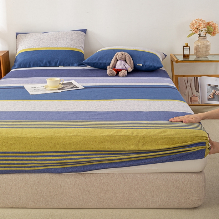 91家纺网 家纺一手货源 找家纺 米柳家纺 2025新款原棉老粗布印花床笠系列 经典条纹床笠款