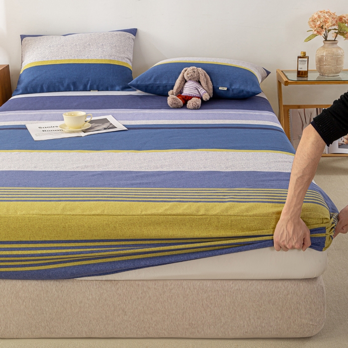 91家纺网 家纺一手货源 找家纺 米柳家纺 2025新款原棉老粗布印花床笠系列 经典条纹床笠款