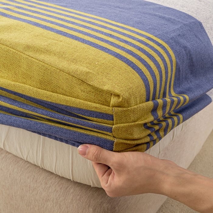 91家纺网 家纺一手货源 找家纺 米柳家纺 2025新款原棉老粗布印花床笠系列 经典条纹床笠款