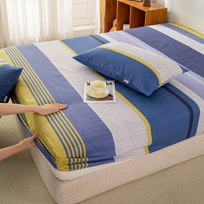 91家纺网 家纺一手货源 找家纺 米柳家纺 2025新款原棉老粗布印花床笠系列 经典条纹床笠款