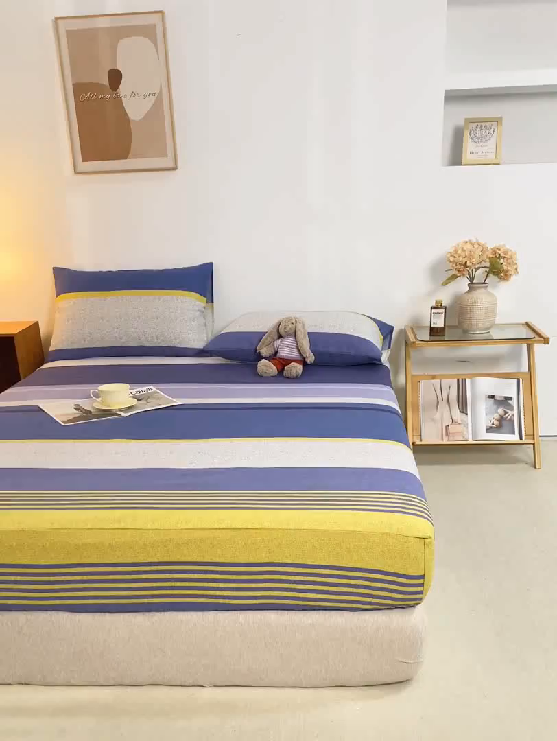 91家纺网 家纺一手货源 找家纺 米柳家纺 2025新款原棉老粗布印花床笠系列 经典条纹床笠款