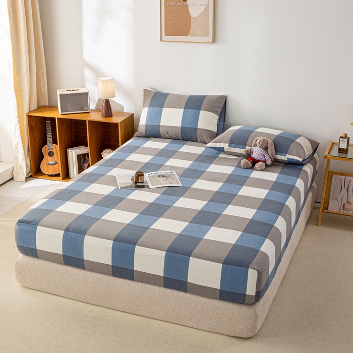 91家纺网 家纺一手货源 找家纺 米柳家纺 2025新款原棉老粗布印花床笠系列 蓝大格床笠款