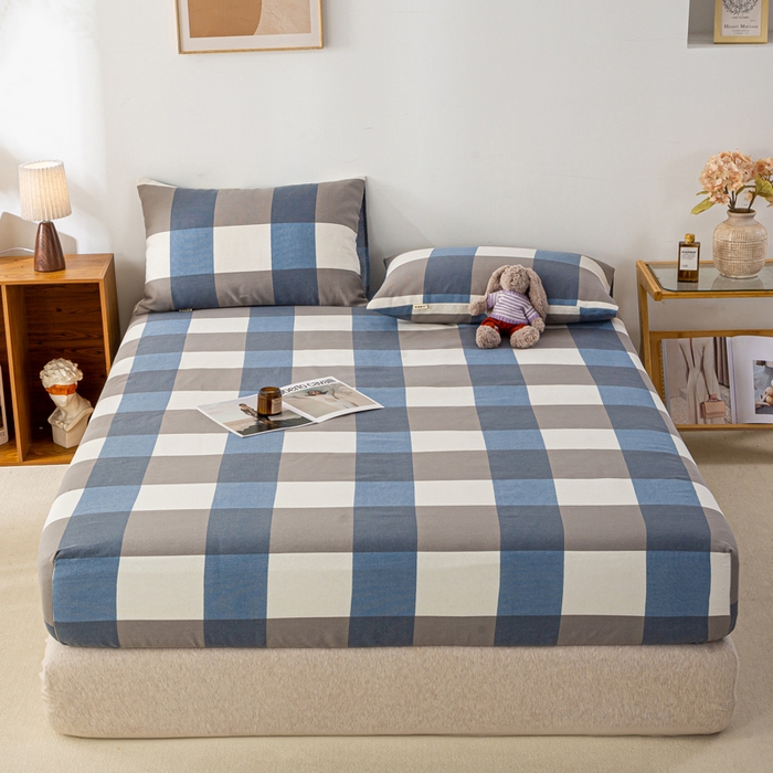 91家纺网 家纺一手货源 找家纺 米柳家纺 2025新款原棉老粗布印花床笠系列 蓝大格床笠款