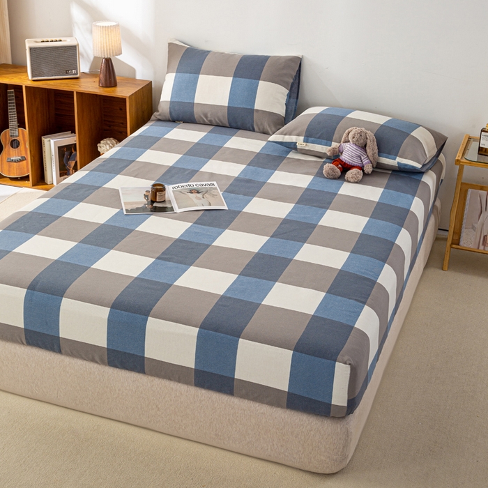 91家纺网 家纺一手货源 找家纺 米柳家纺 2025新款原棉老粗布印花床笠系列 蓝大格床笠款