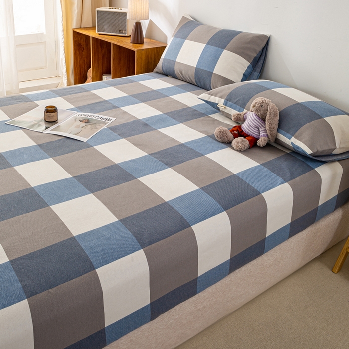 91家纺网 家纺一手货源 找家纺 米柳家纺 2025新款原棉老粗布印花床笠系列 蓝大格床笠款