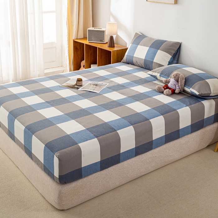 91家纺网 家纺一手货源 找家纺 米柳家纺 2025新款原棉老粗布印花床笠系列 蓝大格床笠款