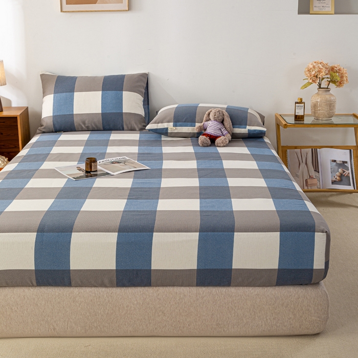 91家纺网 家纺一手货源 找家纺 米柳家纺 2025新款原棉老粗布印花床笠系列 蓝大格床笠款