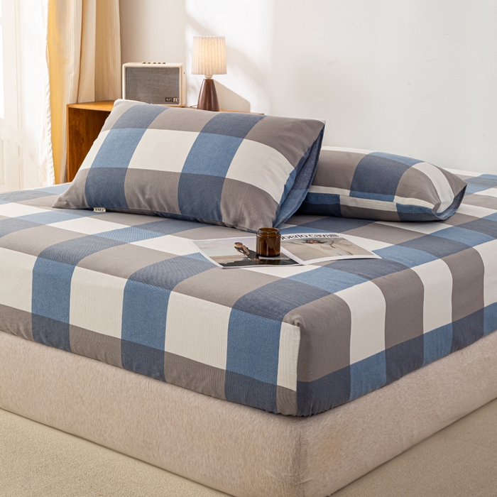 91家纺网 家纺一手货源 找家纺 米柳家纺 2025新款原棉老粗布印花床笠系列 蓝大格床笠款