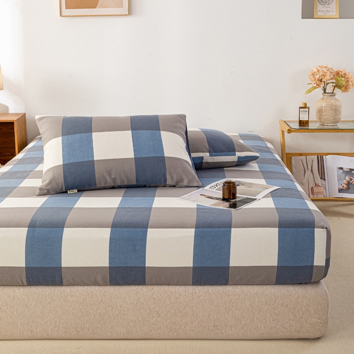 91家纺网 家纺一手货源 找家纺 米柳家纺 2025新款原棉老粗布印花床笠系列 蓝大格床笠款