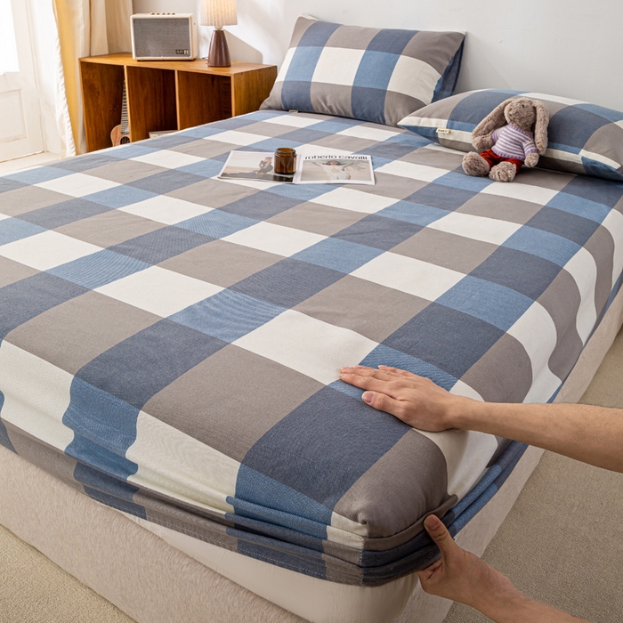 91家纺网 家纺一手货源 找家纺 米柳家纺 2025新款原棉老粗布印花床笠系列 蓝大格床笠款