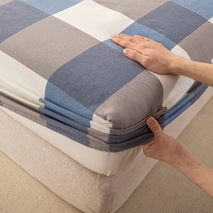 91家纺网 家纺一手货源 找家纺 米柳家纺 2025新款原棉老粗布印花床笠系列 蓝大格床笠款