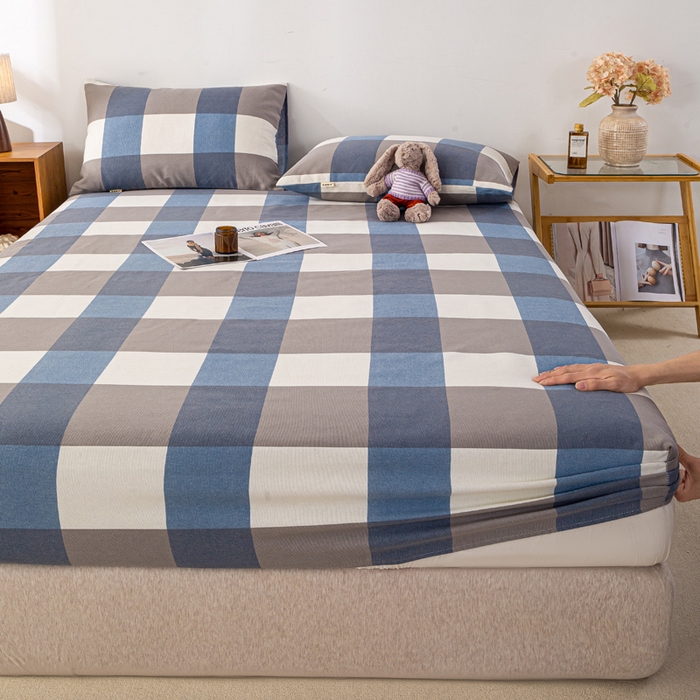 91家纺网 家纺一手货源 找家纺 米柳家纺 2025新款原棉老粗布印花床笠系列 蓝大格床笠款