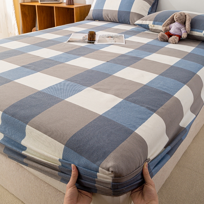 91家纺网 家纺一手货源 找家纺 米柳家纺 2025新款原棉老粗布印花床笠系列 蓝大格床笠款