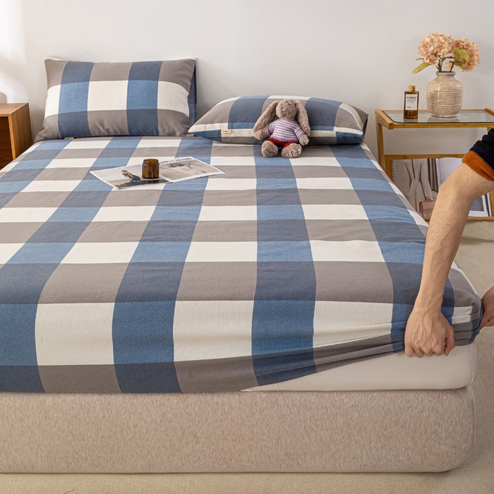 91家纺网 家纺一手货源 找家纺 米柳家纺 2025新款原棉老粗布印花床笠系列 蓝大格床笠款