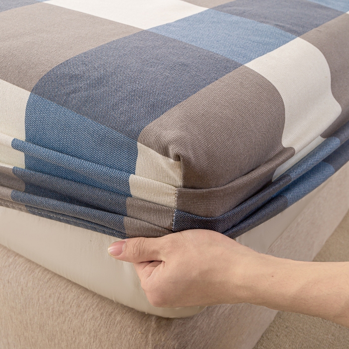 91家纺网 家纺一手货源 找家纺 米柳家纺 2025新款原棉老粗布印花床笠系列 蓝大格床笠款