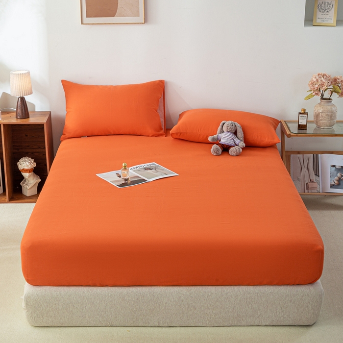 91家纺网 家纺一手货源 找家纺 米柳家纺 2025新款原棉老粗布印花床笠系列 亮橘床笠款