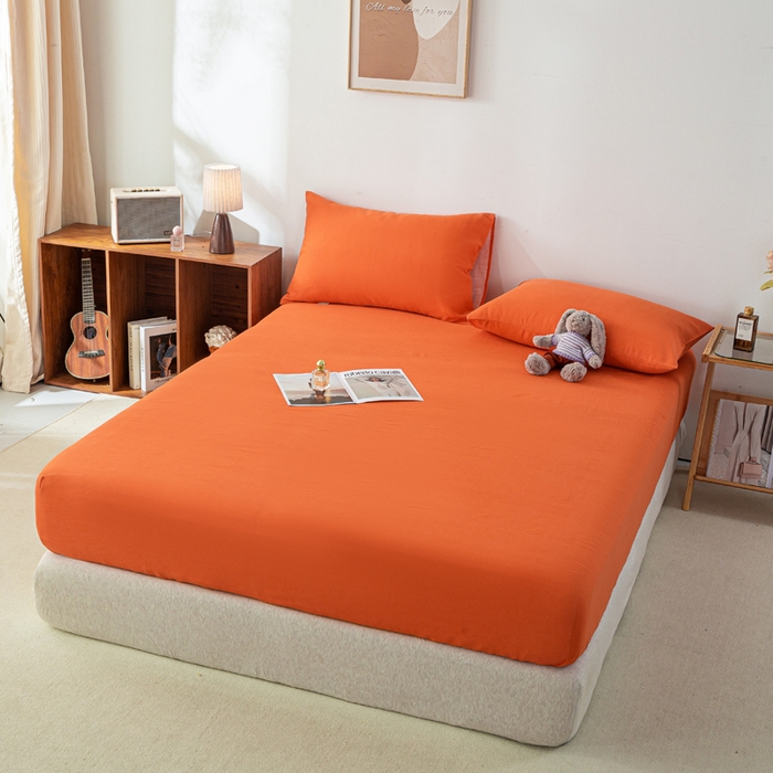 91家纺网 家纺一手货源 找家纺 米柳家纺 2025新款原棉老粗布印花床笠系列 亮橘床笠款