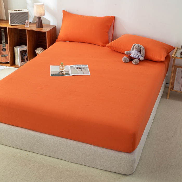 91家纺网 家纺一手货源 找家纺 米柳家纺 2025新款原棉老粗布印花床笠系列 亮橘床笠款