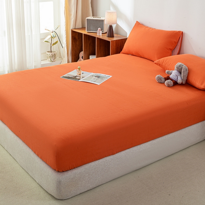 91家纺网 家纺一手货源 找家纺 米柳家纺 2025新款原棉老粗布印花床笠系列 亮橘床笠款