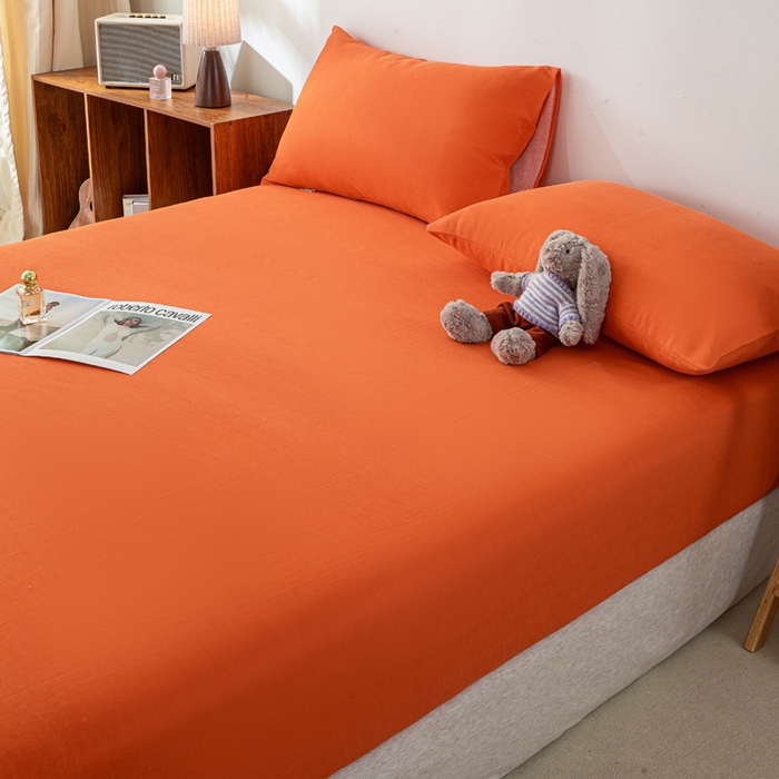 91家纺网 家纺一手货源 找家纺 米柳家纺 2025新款原棉老粗布印花床笠系列 亮橘床笠款