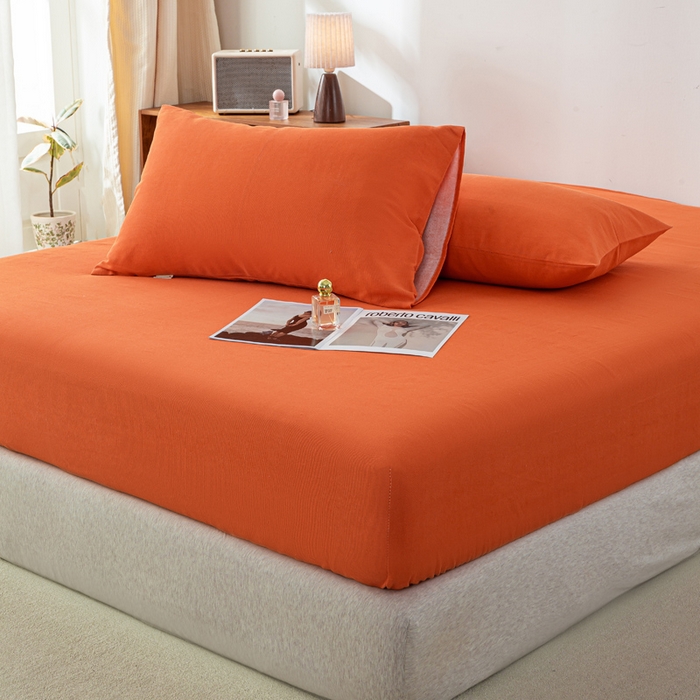 91家纺网 家纺一手货源 找家纺 米柳家纺 2025新款原棉老粗布印花床笠系列 亮橘床笠款