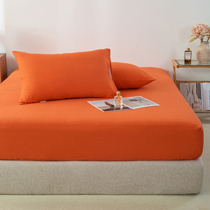 91家纺网 家纺一手货源 找家纺 米柳家纺 2025新款原棉老粗布印花床笠系列 亮橘床笠款