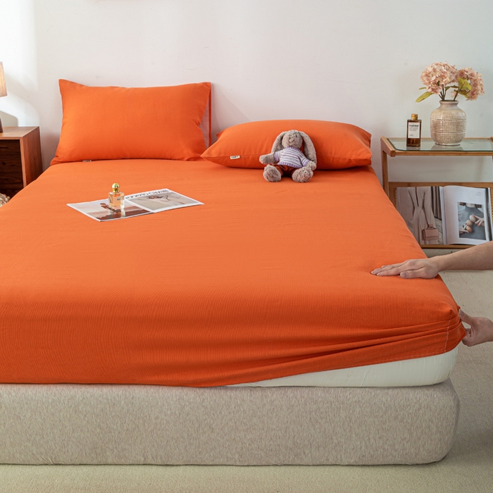 91家纺网 家纺一手货源 找家纺 米柳家纺 2025新款原棉老粗布印花床笠系列 亮橘床笠款