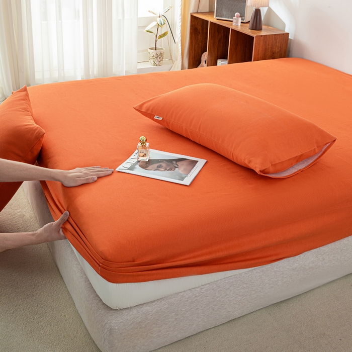 91家纺网 家纺一手货源 找家纺 米柳家纺 2025新款原棉老粗布印花床笠系列 亮橘床笠款