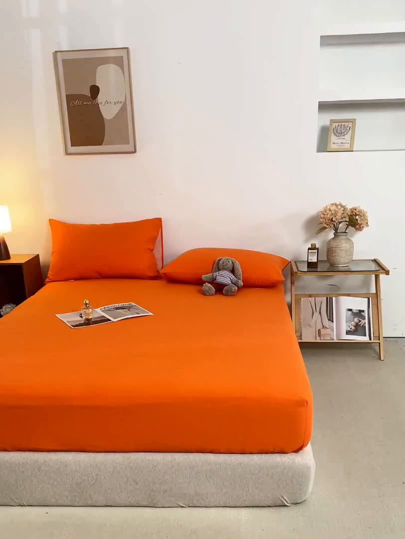 91家纺网 家纺一手货源 找家纺 米柳家纺 2025新款原棉老粗布印花床笠系列 亮橘床笠款