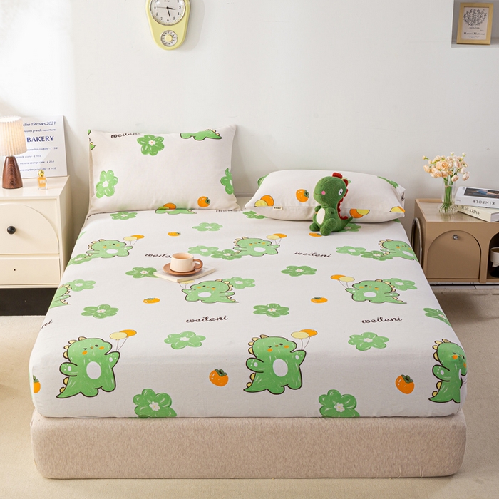 91家纺网 家纺一手货源 找家纺 米柳家纺 2025新款原棉老粗布印花床笠系列 绿恐龙床笠款