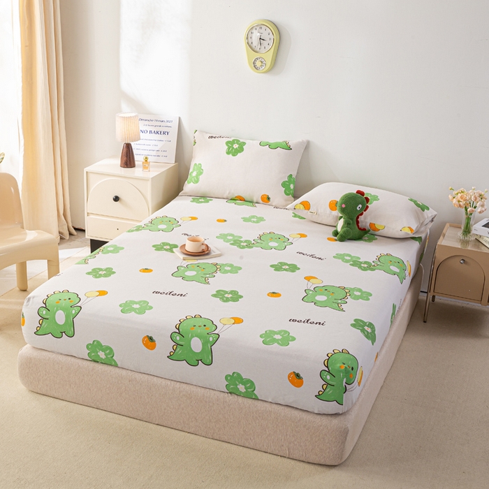 91家纺网 家纺一手货源 找家纺 米柳家纺 2025新款原棉老粗布印花床笠系列 绿恐龙床笠款