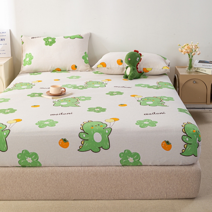 91家纺网 家纺一手货源 找家纺 米柳家纺 2025新款原棉老粗布印花床笠系列 绿恐龙床笠款