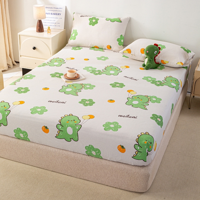 91家纺网 家纺一手货源 找家纺 米柳家纺 2025新款原棉老粗布印花床笠系列 绿恐龙床笠款