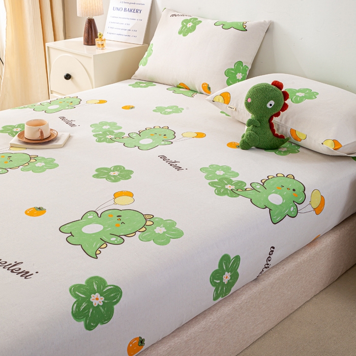 91家纺网 家纺一手货源 找家纺 米柳家纺 2025新款原棉老粗布印花床笠系列 绿恐龙床笠款