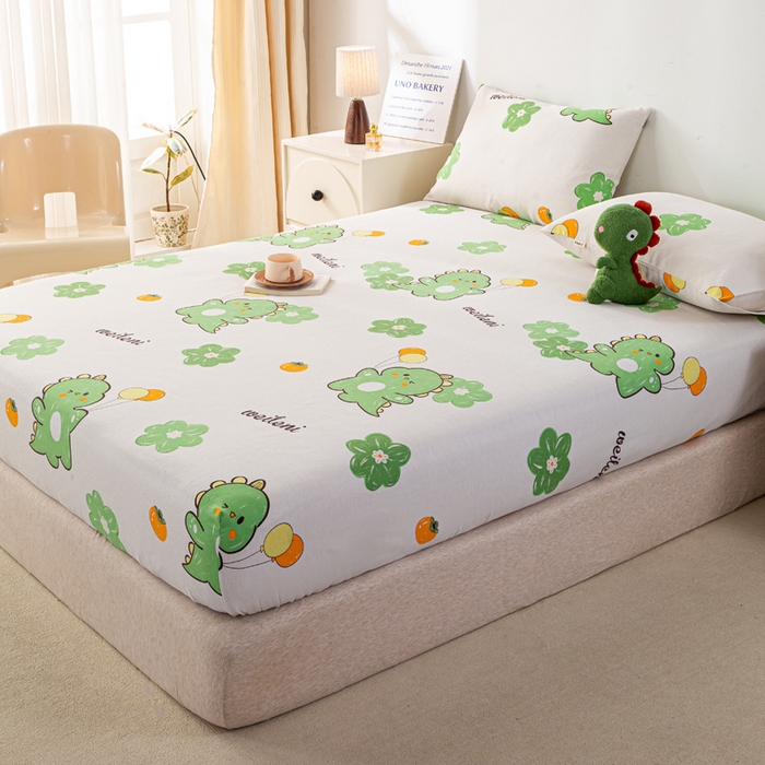 91家纺网 家纺一手货源 找家纺 米柳家纺 2025新款原棉老粗布印花床笠系列 绿恐龙床笠款