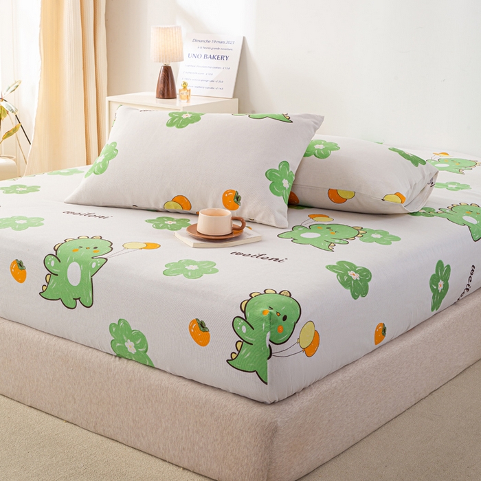 91家纺网 家纺一手货源 找家纺 米柳家纺 2025新款原棉老粗布印花床笠系列 绿恐龙床笠款