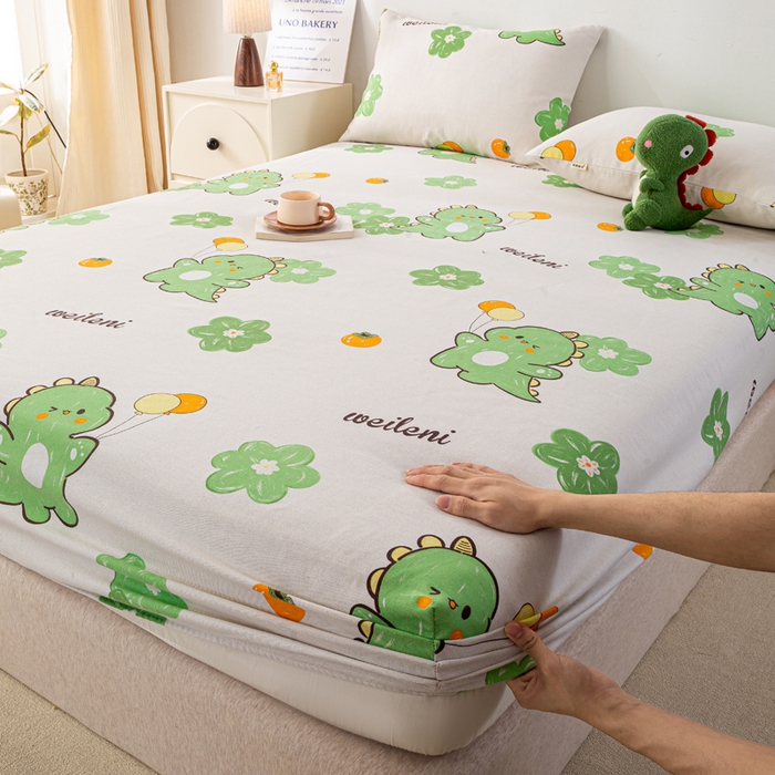 91家纺网 家纺一手货源 找家纺 米柳家纺 2025新款原棉老粗布印花床笠系列 绿恐龙床笠款