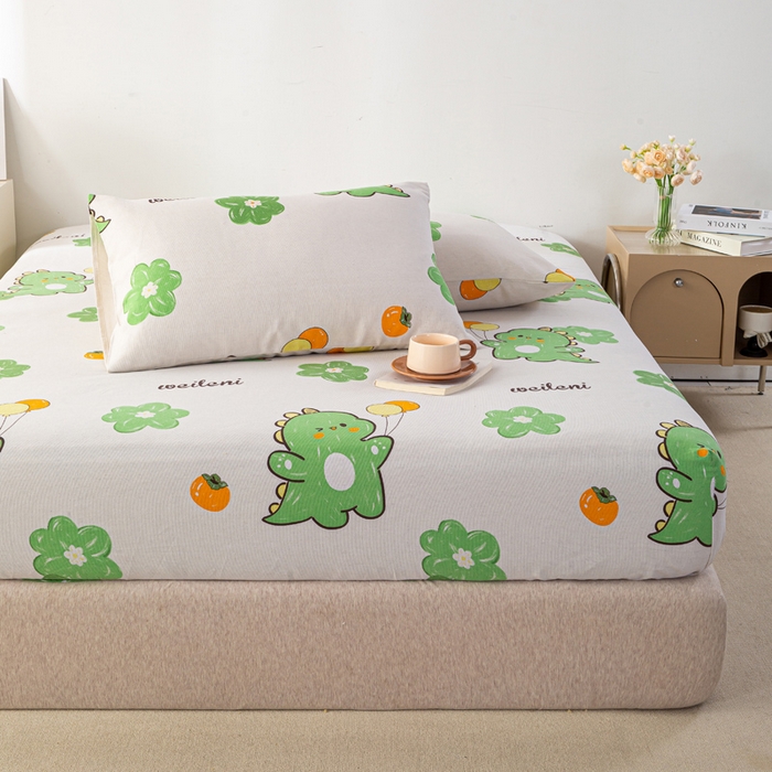 91家纺网 家纺一手货源 找家纺 米柳家纺 2025新款原棉老粗布印花床笠系列 绿恐龙床笠款