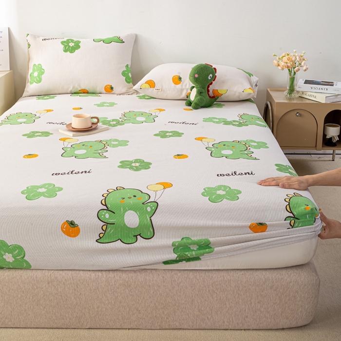 91家纺网 家纺一手货源 找家纺 米柳家纺 2025新款原棉老粗布印花床笠系列 绿恐龙床笠款