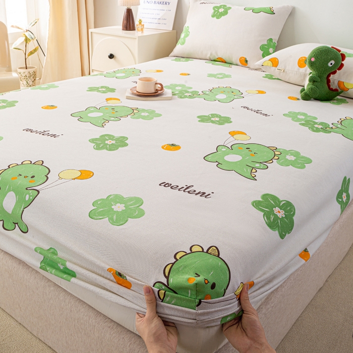 91家纺网 家纺一手货源 找家纺 米柳家纺 2025新款原棉老粗布印花床笠系列 绿恐龙床笠款