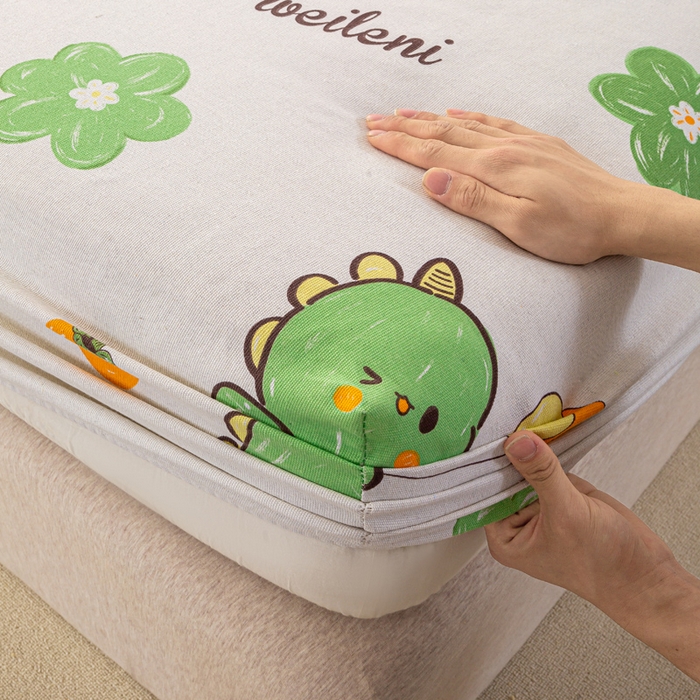 91家纺网 家纺一手货源 找家纺 米柳家纺 2025新款原棉老粗布印花床笠系列 绿恐龙床笠款