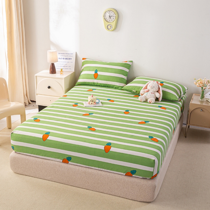 91家纺网 家纺一手货源 找家纺 米柳家纺 2025新款原棉老粗布印花床笠系列 绿萝卜床笠款