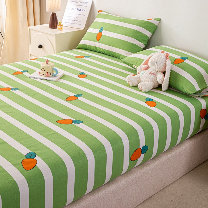 91家纺网 家纺一手货源 找家纺 米柳家纺 2025新款原棉老粗布印花床笠系列 绿萝卜床笠款