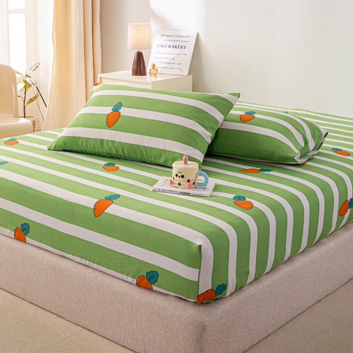 91家纺网 家纺一手货源 找家纺 米柳家纺 2025新款原棉老粗布印花床笠系列 绿萝卜床笠款