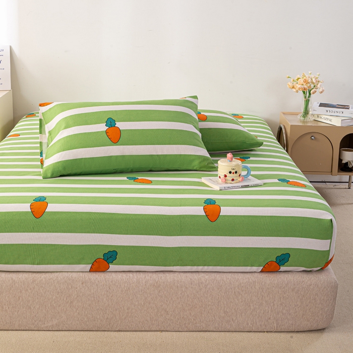 91家纺网 家纺一手货源 找家纺 米柳家纺 2025新款原棉老粗布印花床笠系列 绿萝卜床笠款