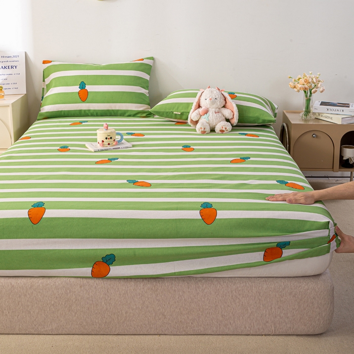 91家纺网 家纺一手货源 找家纺 米柳家纺 2025新款原棉老粗布印花床笠系列 绿萝卜床笠款